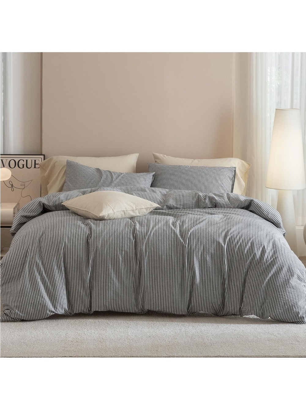 NEW Queen 100% Washed Cotton Duvet Cover Set, 3-Piece, Linen-Like Pinstripe